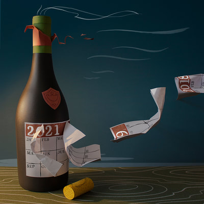 A wine bottle with a calendar instead of a label has pages from years past being ripped off