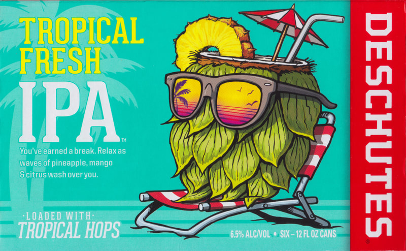 Chris MacNeil illustration of a coconut/hop watching the sunset, printed on a Deschutes Brewery 6-pack box