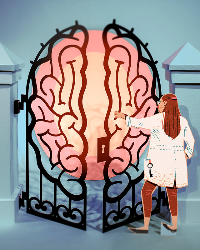 A female scientist unlocks a wrought iron gate that is shaped like the human brain