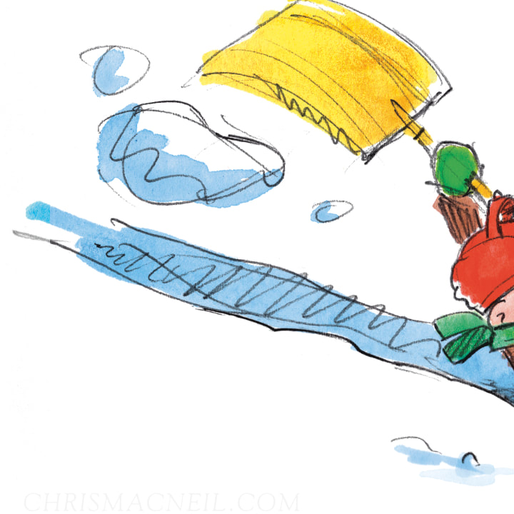 line and wash illustration of a man shoveling snow, meeting a squirrel also shoveling snow.