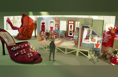 Scattered around a paper model beauty parlor film set are high end beauty products and shoes.