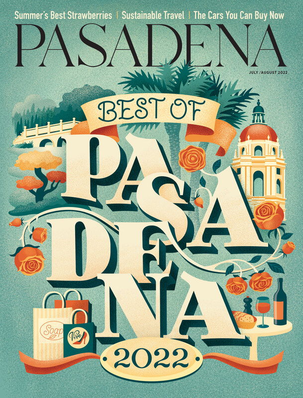 Cover for the Pasadena Magazine with a lettering that says Best of Pasadena 2022, illustrated city landmarks are around