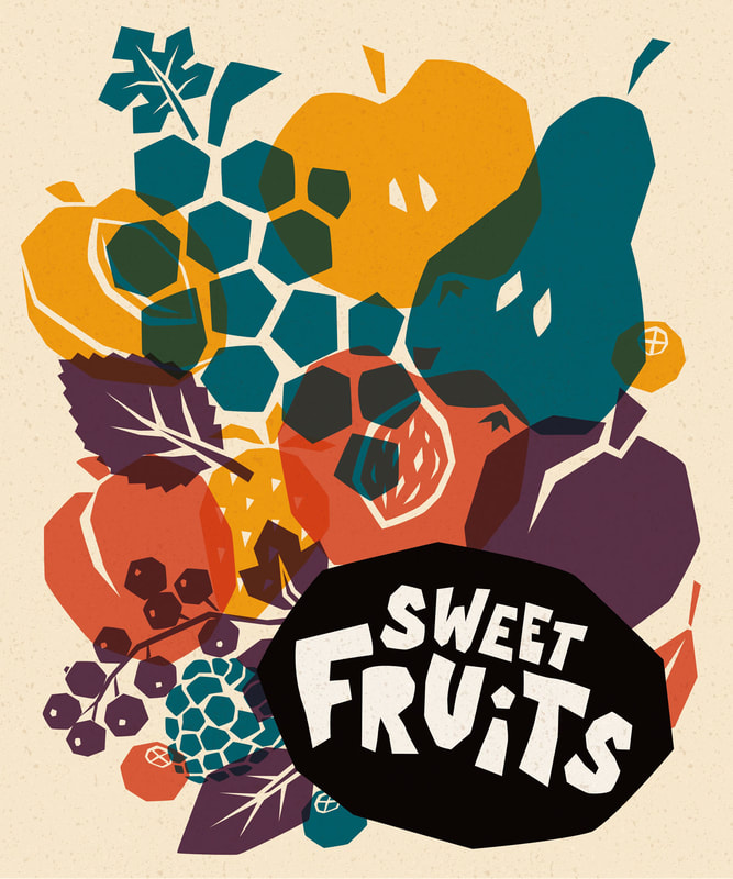 Papercut Fruit illustrations in a screenprint style with hand lettering