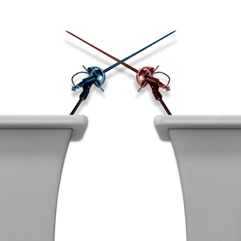 An illustration by Mariaelena Caputi with two podiums and two swords ready to duel.
