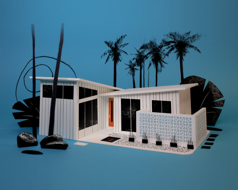 A midcentury house made of white paper surrounded by black trees on a blue background.