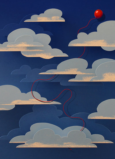 a single red balloon with a long string meanders through a blue sky with clouds