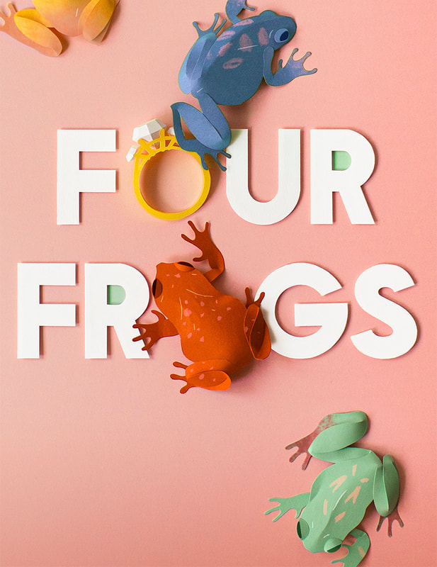 Colorful paper frogs jump across the words "Four Frogs" and a wedding ring